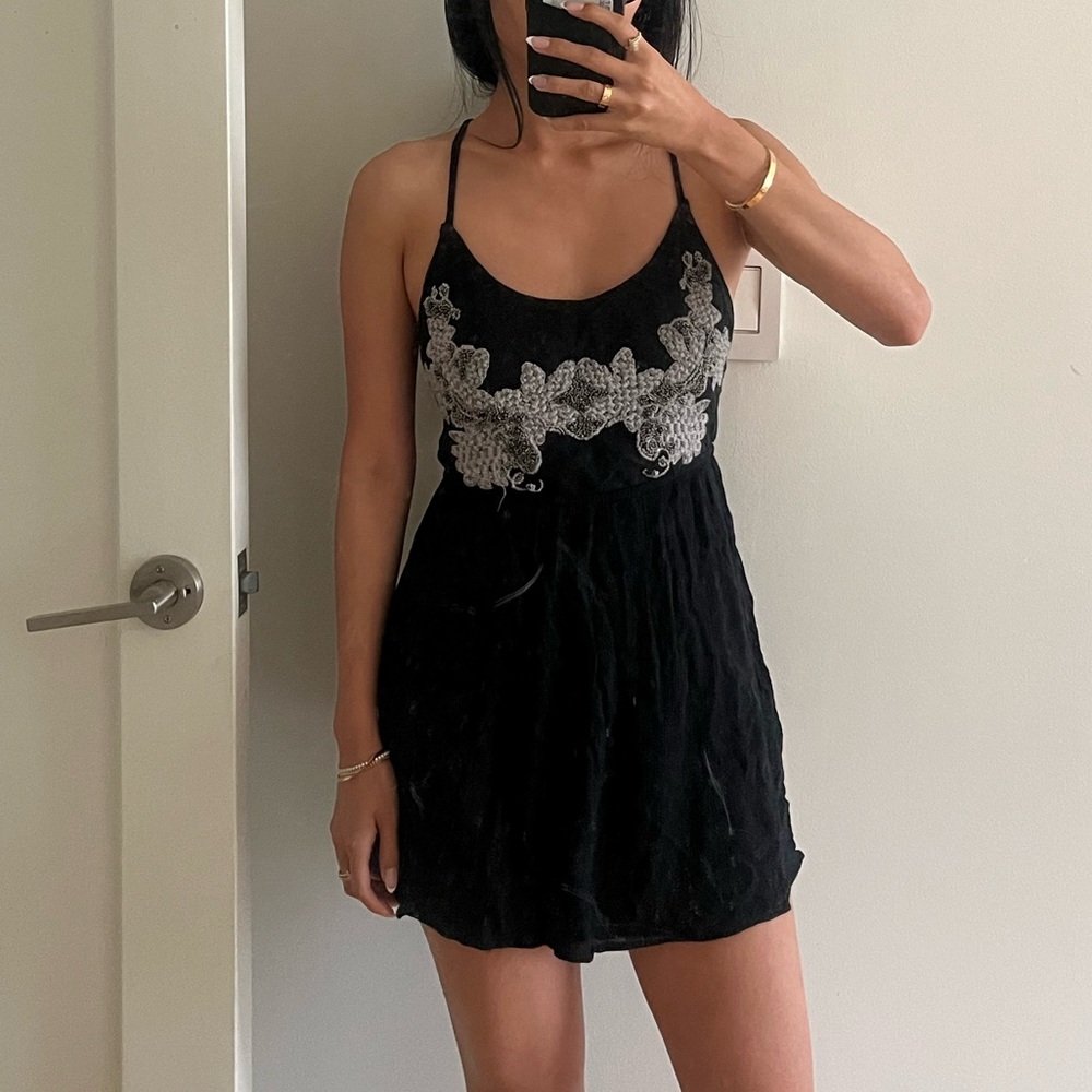 Abercrombie & Fitch Black Babydoll Mini Dress with Floral Embroidery